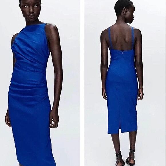 Zara Blue Sleeveless Halter Ruched Pencil Bodycon Midi Formal Cocktail Dress L - Picture 3 of 7